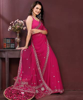 Pink georgette embroidery work ethnic partywear saree 5