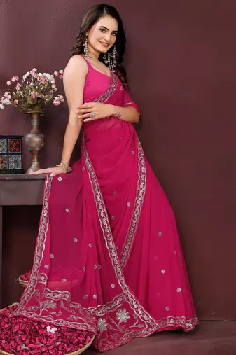 Pink georgette embroidery work ethnic partywear saree