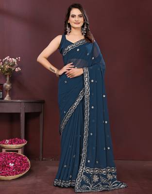 Blue georgette embroidery work ethnic partywear saree 1