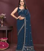 Blue color georgette fabric embroidery work ethnic partywear saree