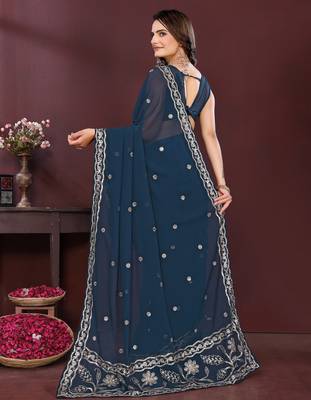 Blue georgette embroidery work ethnic partywear saree 2