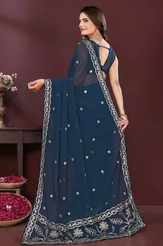 Blue georgette embroidery work ethnic partywear saree
