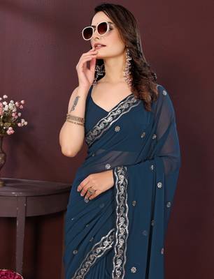 Blue georgette embroidery work ethnic partywear saree 3