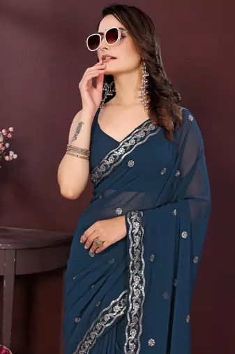 Blue georgette embroidery work ethnic partywear saree