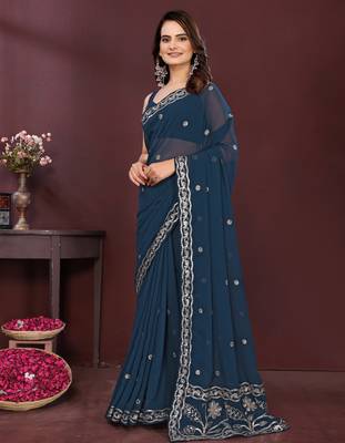 Blue georgette embroidery work ethnic partywear saree 4