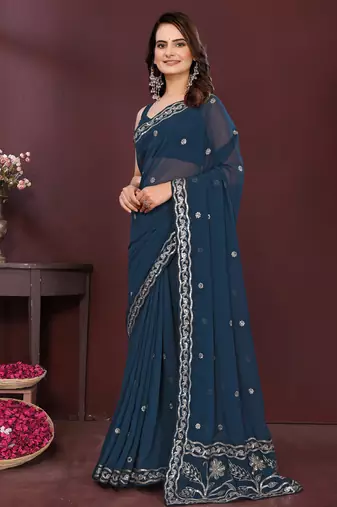 Blue georgette embroidery work ethnic partywear saree