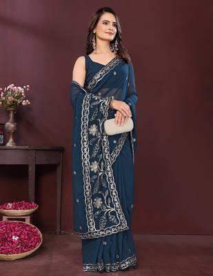 Blue georgette embroidery work ethnic partywear saree 5