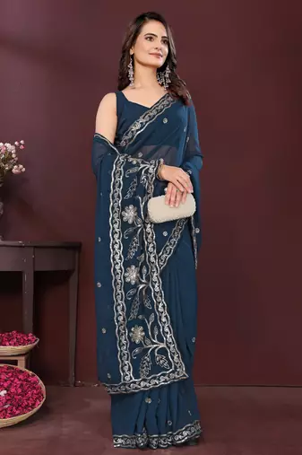 Blue georgette embroidery work ethnic partywear saree