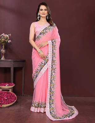 Pink georgette embroidery work ethnic partywear saree 1