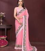 Pink color georgette fabric embroidery work ethnic partywear saree