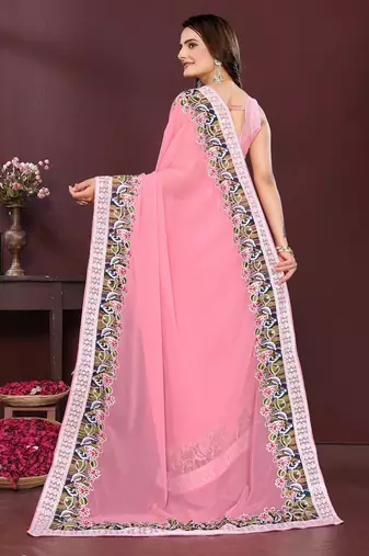 Pink georgette embroidery work ethnic partywear saree