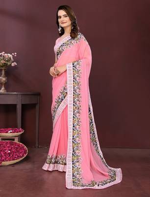 Pink georgette embroidery work ethnic partywear saree 4