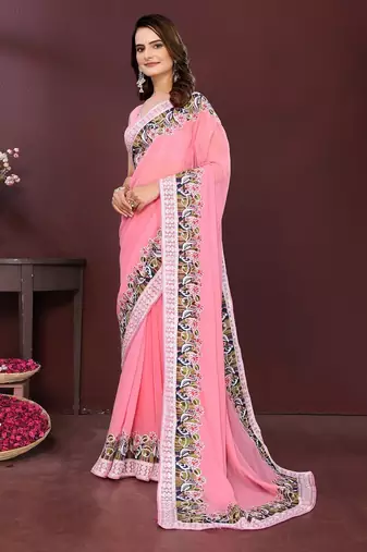 Pink georgette embroidery work ethnic partywear saree