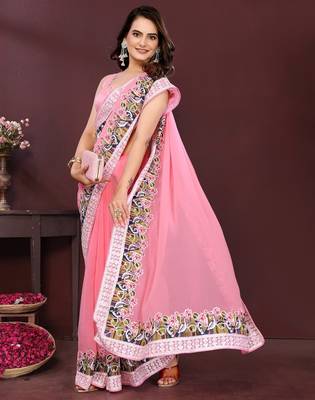 Pink georgette embroidery work ethnic partywear saree 5