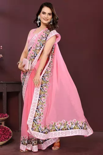 Pink georgette embroidery work ethnic partywear saree