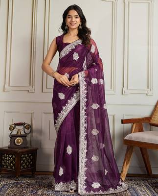 Purple twill net embroidery work ethnic partywear saree 1