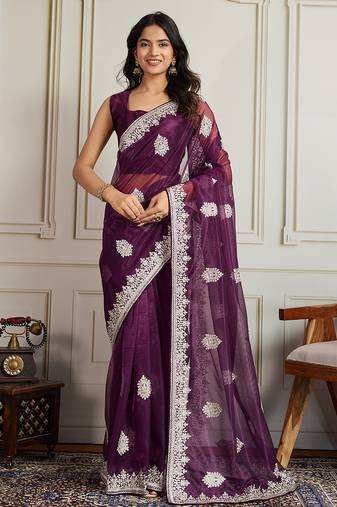 Purple color twill net fabric designer embroidery work ethnic partywear saree