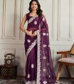 Purple color twill net fabric designer embroidery work ethnic partywear saree
