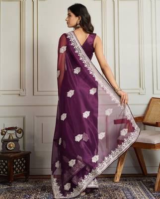 Purple twill net embroidery work ethnic partywear saree 2