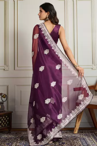 Purple twill net embroidery work ethnic partywear saree