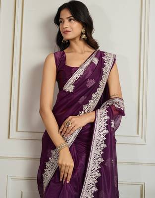 Purple twill net embroidery work ethnic partywear saree 3