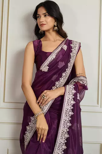 Purple twill net embroidery work ethnic partywear saree