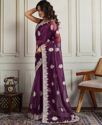 Purple twill net embroidery work ethnic partywear saree 4