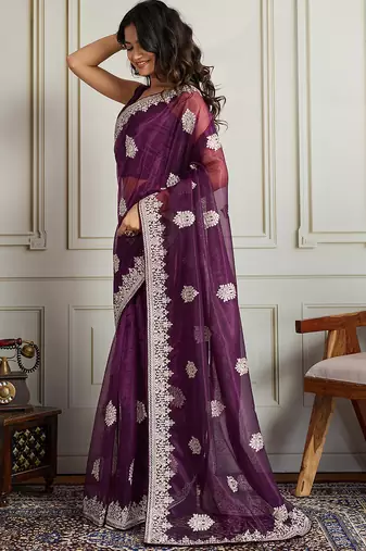 Purple twill net embroidery work ethnic partywear saree