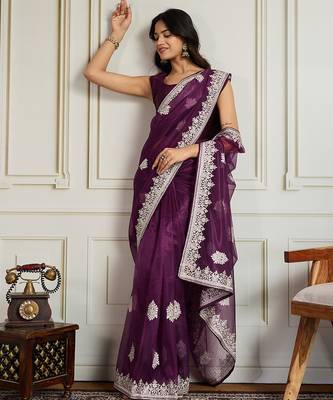 Purple twill net embroidery work ethnic partywear saree 5