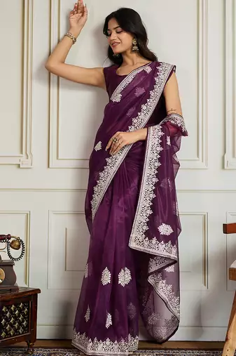 Purple twill net embroidery work ethnic partywear saree