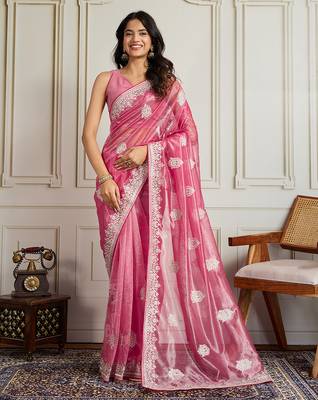 Pink twill net embroidery work ethnic partywear saree 1