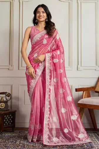 Pink color twill net fabric designer embroidery work ethnic partywear saree