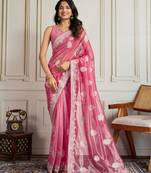Pink color twill net fabric embroidery work ethnic partywear saree