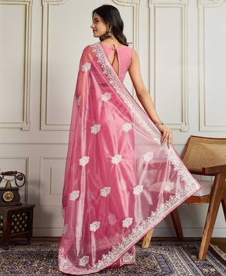Pink twill net embroidery work ethnic partywear saree 2