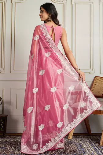 Pink twill net embroidery work ethnic partywear saree