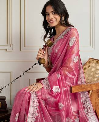 Pink twill net embroidery work ethnic partywear saree 3