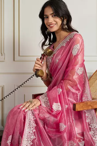 Pink twill net embroidery work ethnic partywear saree