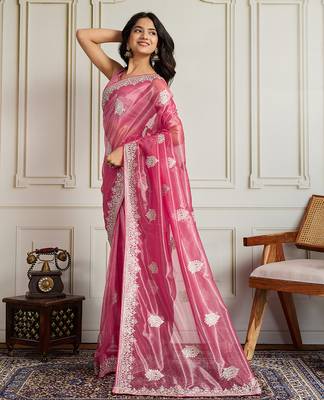 Pink twill net embroidery work ethnic partywear saree 4