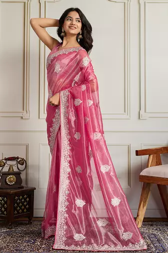 Pink twill net embroidery work ethnic partywear saree