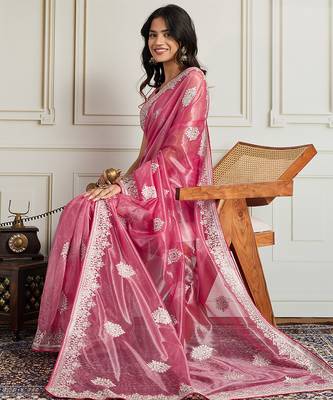 Pink twill net embroidery work ethnic partywear saree 5