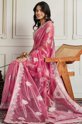 Pink twill net embroidery work ethnic partywear saree