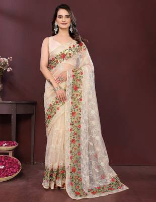 Beige net embroidery work ethnic partywear saree 1