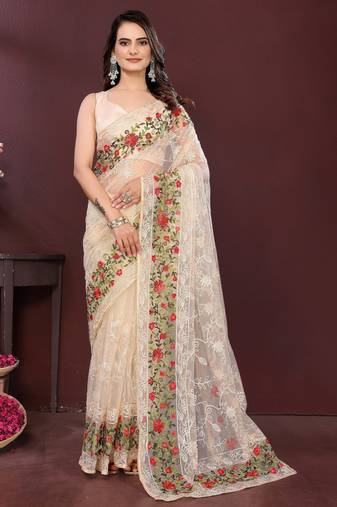 Beige color net fabric designer embroidery work ethnic partywear saree