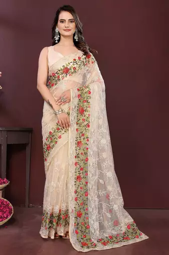 Beige color net fabric designer embroidery work ethnic partywear saree