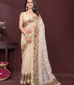 Beige color net fabric designer embroidery work ethnic partywear saree