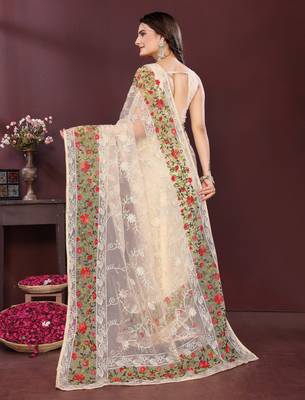 Beige net embroidery work ethnic partywear saree 2