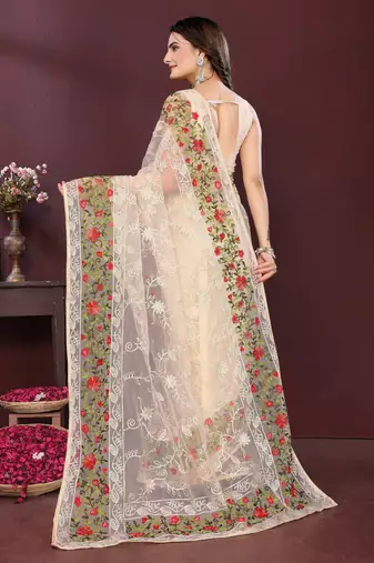 Beige net embroidery work ethnic partywear saree