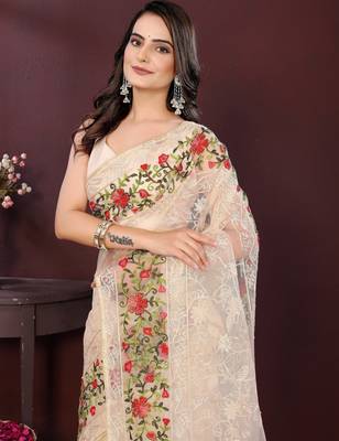 Beige net embroidery work ethnic partywear saree 3