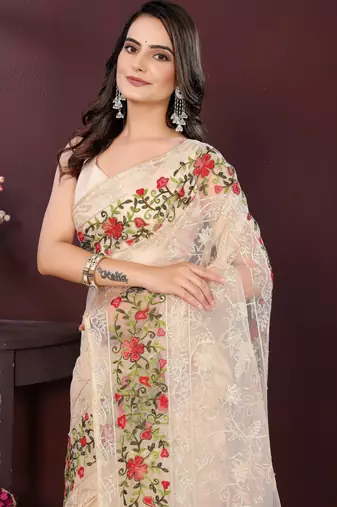Beige net embroidery work ethnic partywear saree