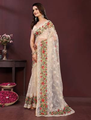Beige net embroidery work ethnic partywear saree 4